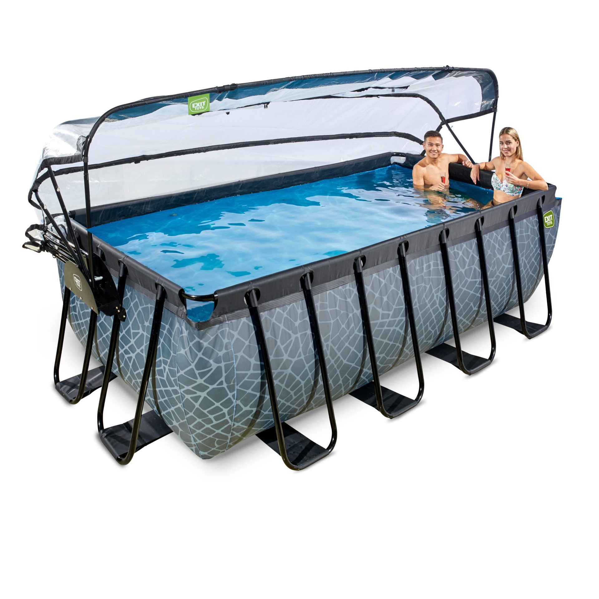 EXIT Stone Pool 400x200x122cm mit Sandfilterpumpe und Abdeckung und Wärmepumpe - grau