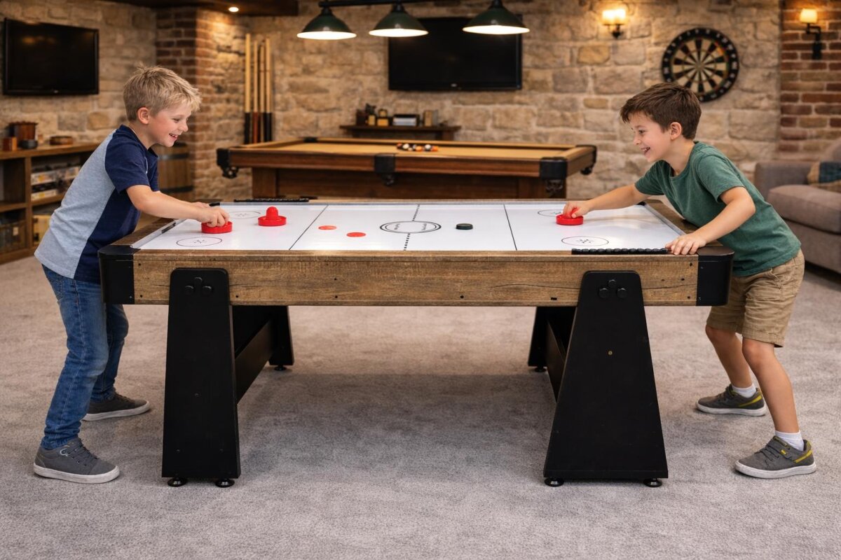 Charlsten Multi Airhockeytisch / Billardtisch Holzoptik - 2-in-1 zusammenklappbar