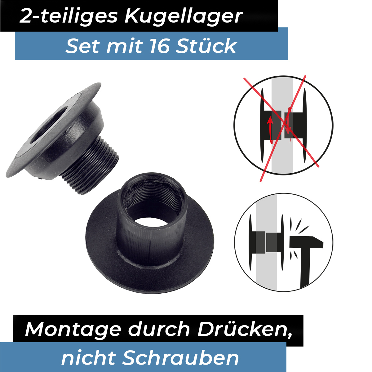 Bandito  - Kugellager Universal für 16 mm Kickerstange Seitenwände 25 - 32 mm Tischset (16 St.)