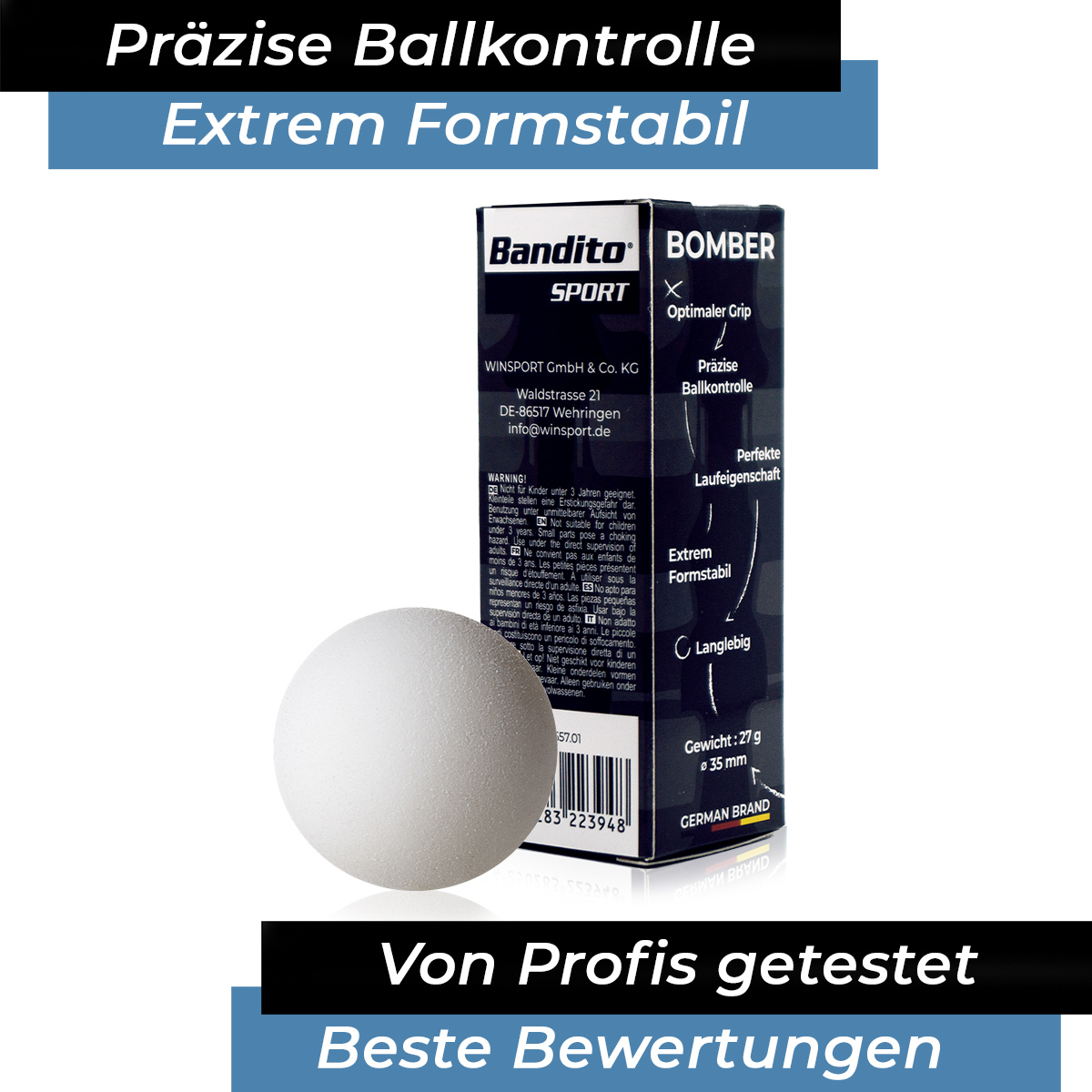 Soccer ball Bomber ROBERTSON, white, 35,1 mm, 3 pieces in a set,