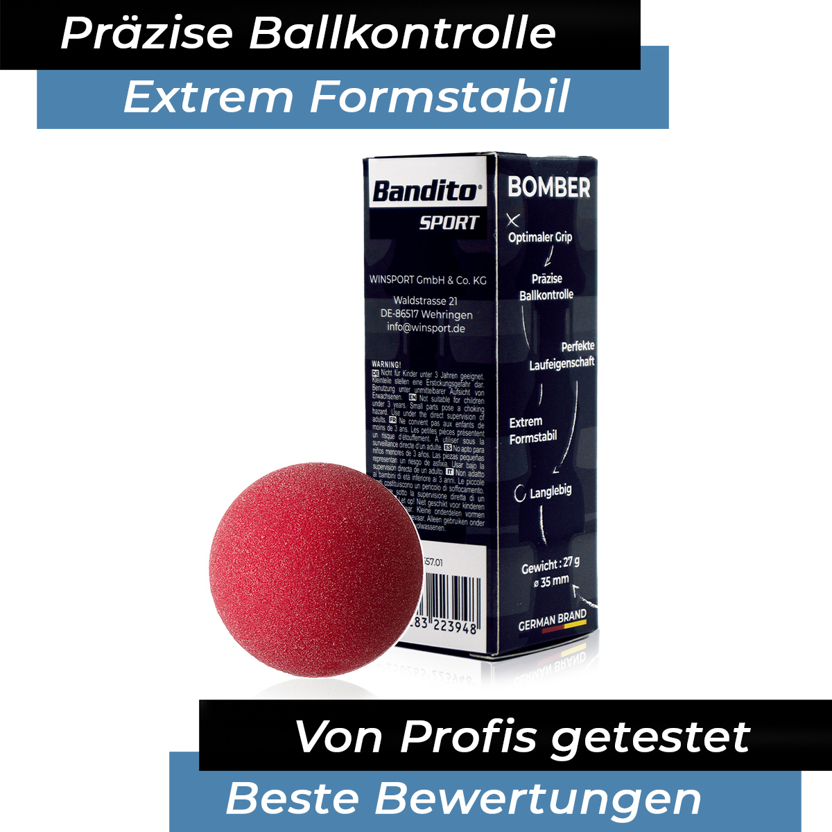 Soccer ball Bomber ROBERTSON, red, 35,1 mm, 3 pieces in a set,
