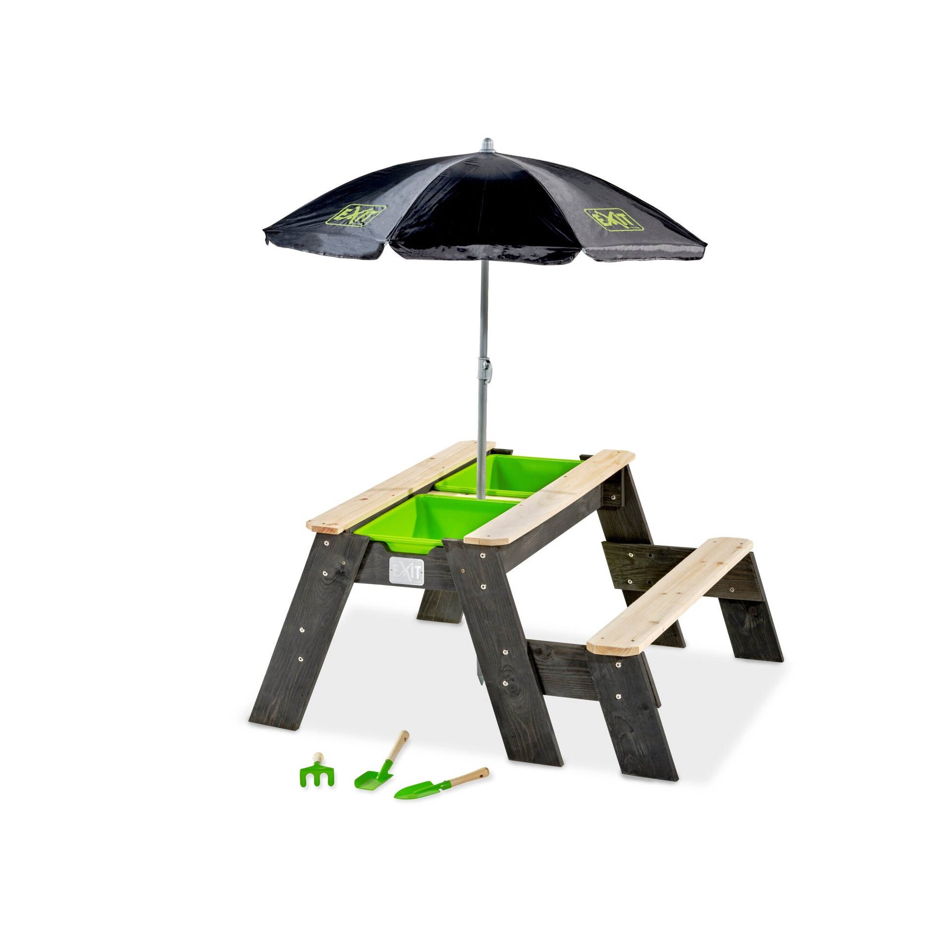 EXIT Aksent Sand,- Wasser- und Picknicktisch (1 Bank) mit Sonnenschirm und Gartenwerkzeugen