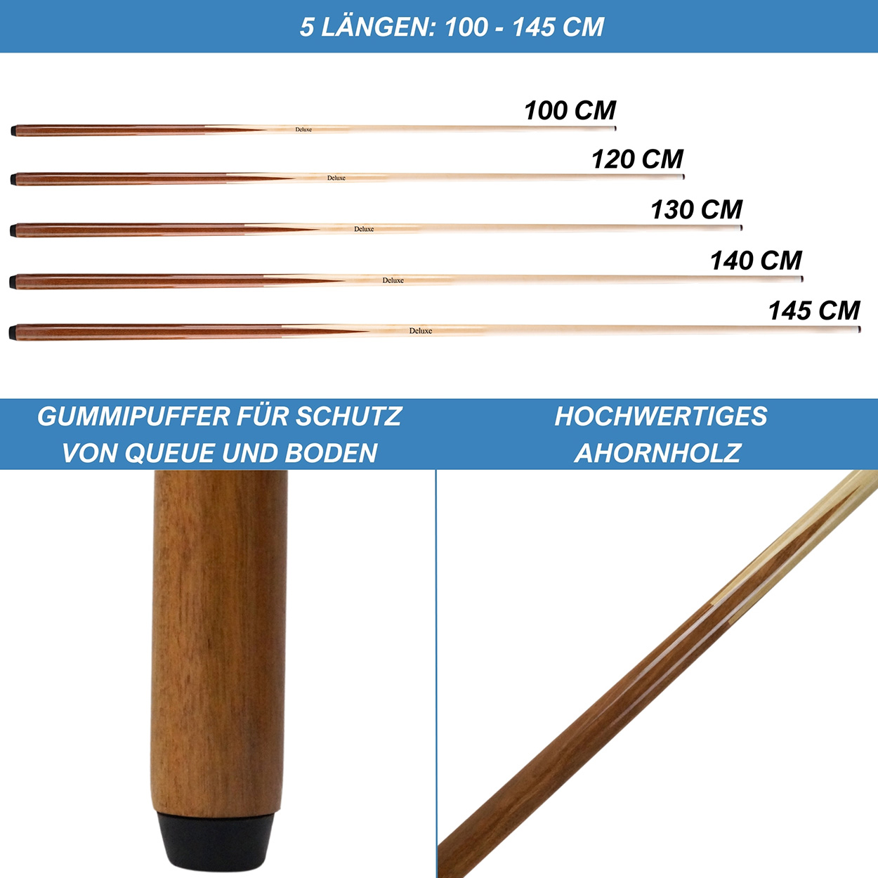 Queue einteilig Deluxe 12 mm Schraubleder, 100 bis 145cm