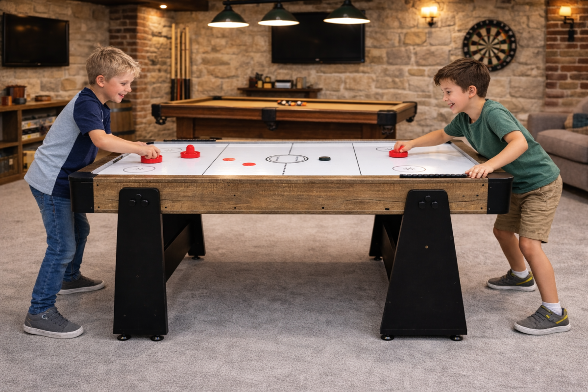 Charlsten Multi Airhockeytisch / Billardtisch Holzoptik - 2-in-1 zusammenklappbar